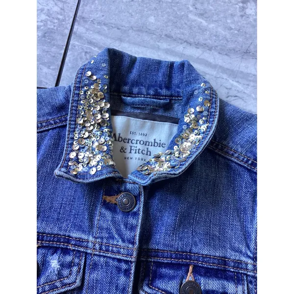 Abercrombie & Fitch Womens XS Blue Denim Vest Sequin Collar Distressed Jacket - Image 2