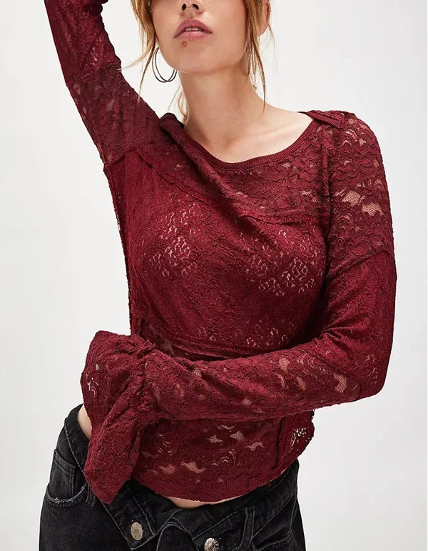 NWT Free People Burgundy Lace Long Sleeve Top M - Image 4