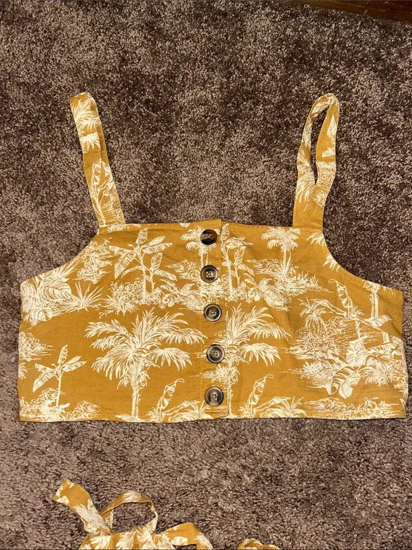 American Eagle mustard yellow palm leaf crop top & wide leg pants matching set - Image 3