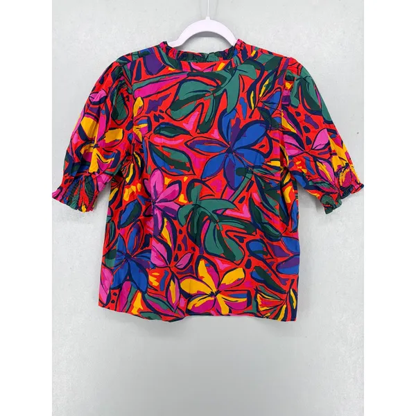 Sugarlips Womens Blouse Tropical Floral Ruffle Neck‎ Smocked Cuff Medium - Image 3