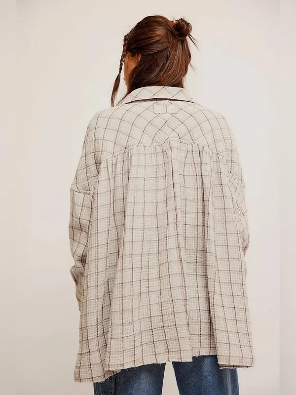 We The Free Cardiff Plaid Oversized Gauze Button Up Tunic Shirt Lilac Size Large - Image 2