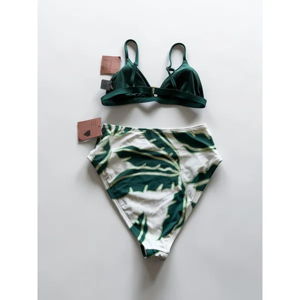 Shade & Shore Green Ribbed Triangle‎ Top Tropical Palm High Waist Bikini Set S - Image 2