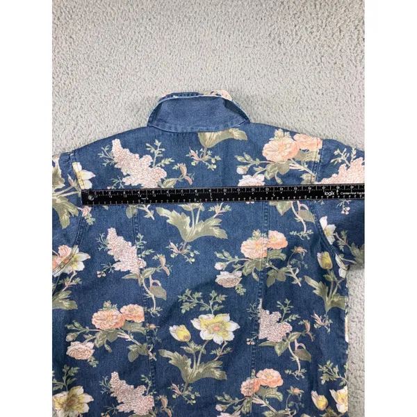 Vintage 90s Floral‎ Denim Shirt Women L Button Up Retro Western S/S Rodeo Boho - Image 6