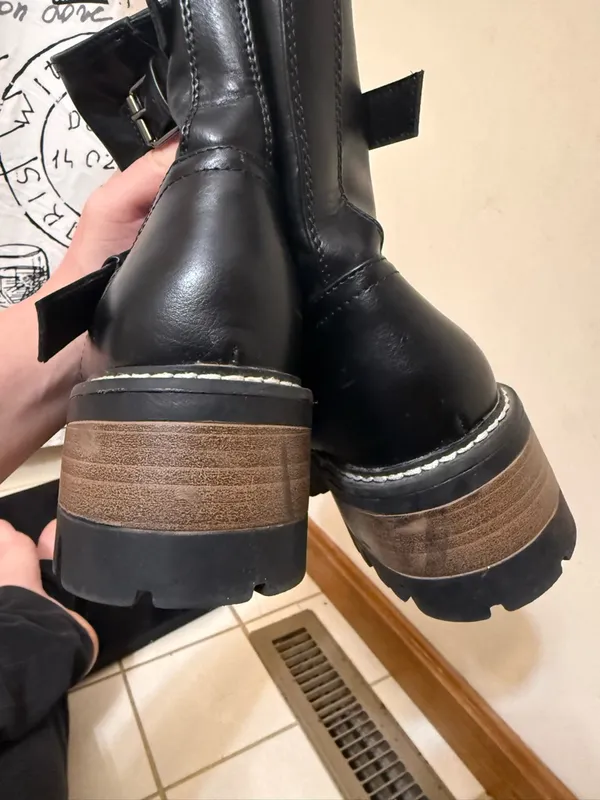 Universal Threads | Black Leather Mid-Calf Combat Boots with Buckle Strap - Image 4