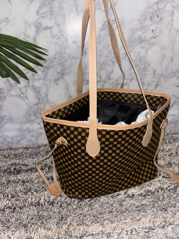 Brown Monogram Print Tote Bag with Beige Handles - Image 4