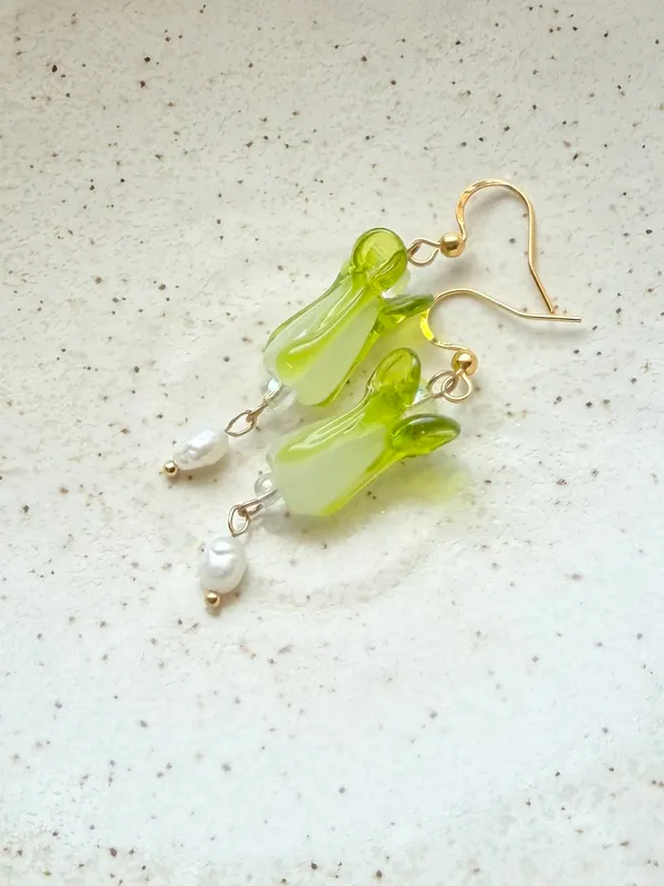 Handmade lamp work cabbage & freshwater funky boho fairy cute unique dangle earrings 🥬✨ - Image 3