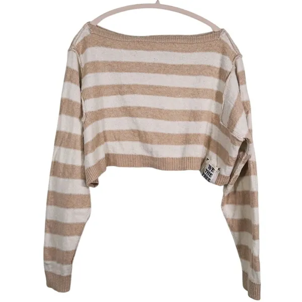 We The Free Into The Blue Striped Sweater Crop Small Tan Cream Granola Cozy Fall - Image 2
