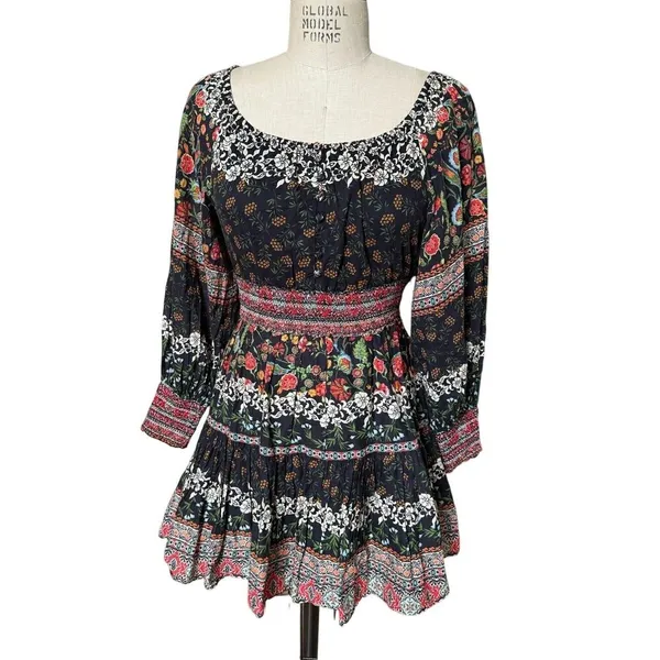 Alice + Olivia Black Clementina Floral Long Sleeve Cotton Mini Dress Size 0 - Image 2