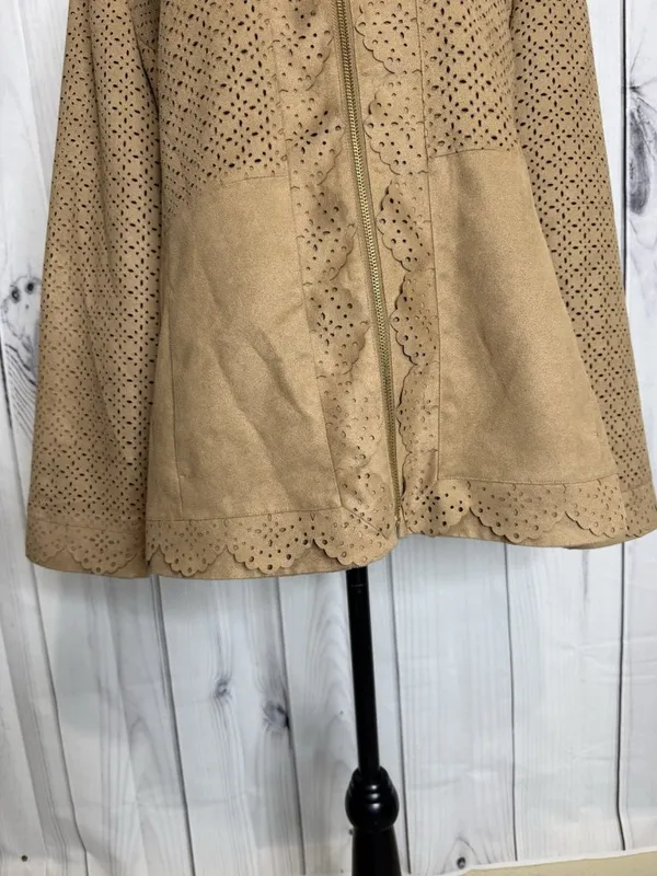Chicos Jacket Womens Sz 3 XL Tan Leather Suede Full Zip Jacket Laser Cut - Image 3