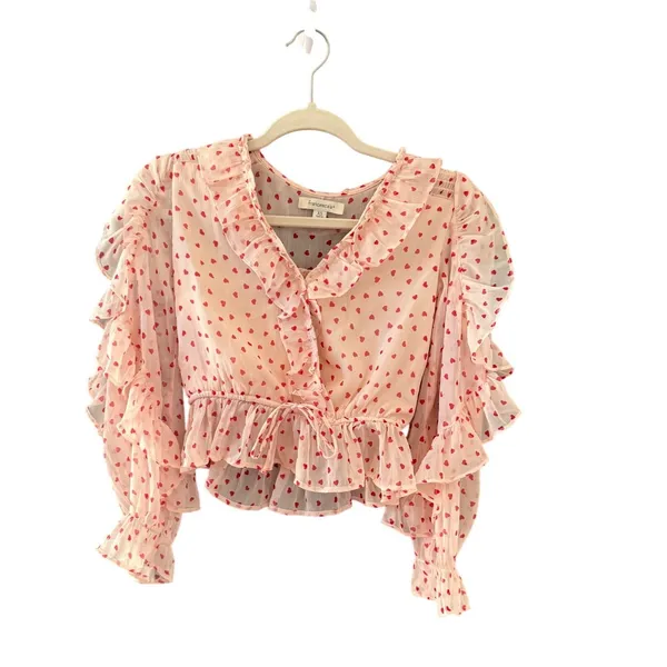 Francesca's Heart‎ Print Ruffle Crop Top Romantic XS Cream Red Coquette Chiffon - Image 2