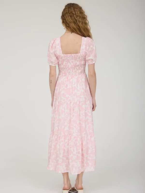 Soft Pink Floral Smocked Midi Dress Puff Sleeves Last One Size Medium - Image 4