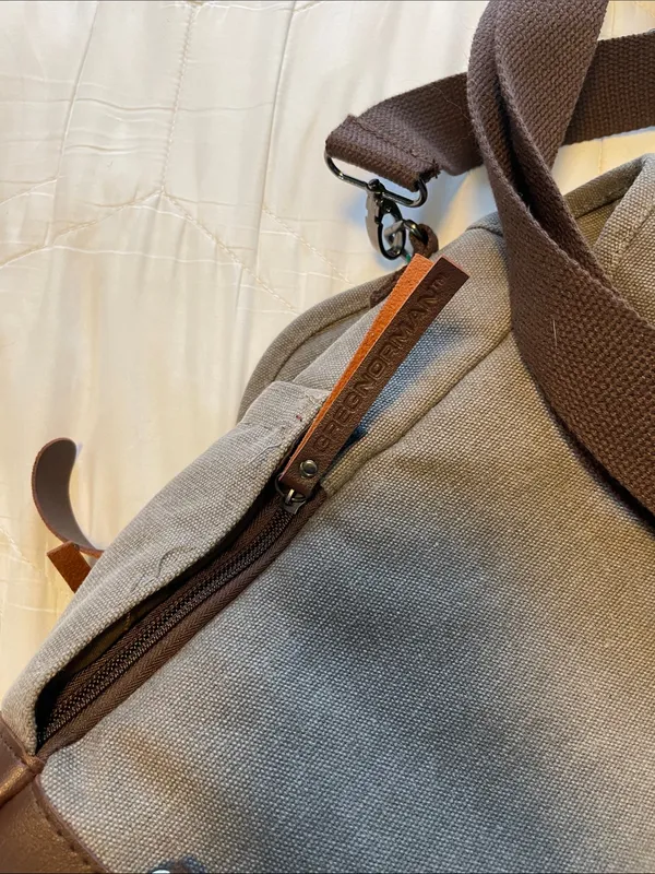 Greg Norman Collection Taupe and Brown Canvas Messenger Tote - Image 4