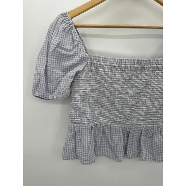 J.Crew Top Women‎ SMALL Purple White Striped Short Sleeve Smocked Cropped - Image 3