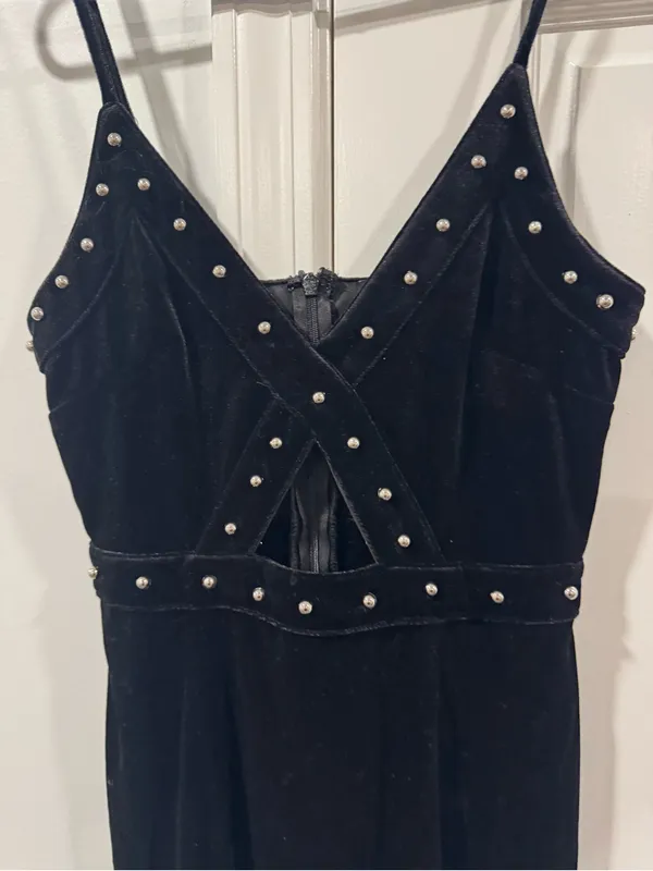William B Black Studded Velvet Mini Dress with Spaghetti Straps - Image 2