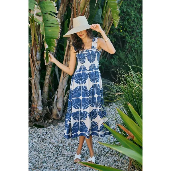 SO ME Abstract Print Smocked Bodice Tiered Lined Midi Dress - Navy - Medium - Image 13