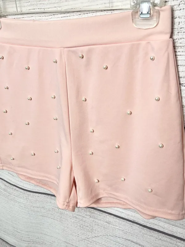 Pink Pearl Two-Piece Set Embellished Off Shoulder Crop Top & Shorts Size Small - Image 3