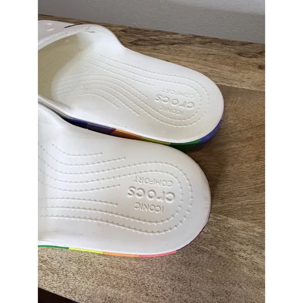 Crocs Classic Slide White Rainbow Stripe Pride Sandals Size 8 - Image 5