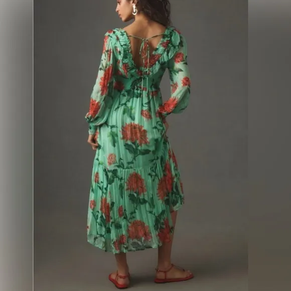 ANTHROPOLOGIE The‎ Odetta Ruffled V-neck Dress Green and Red Floral size Medium - Image 2