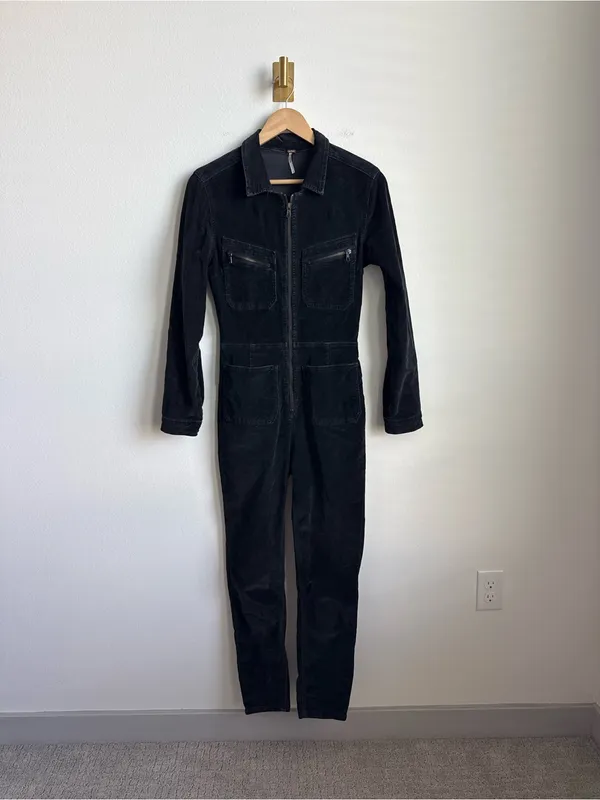 Free People Corduroy Jumpsuit Black Utility Zip Front Coveralls Small - Image 3