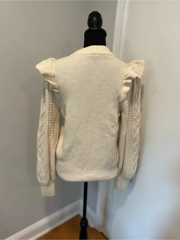 Madewell Hollydene Sz:M Merino Wool ruffle shoulders cream cable-knit sweater. - Image 2