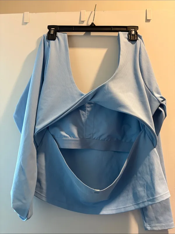 Fabletics Light Blue Ribbed Scoop-Neck Long Sleeve Top - Image 4