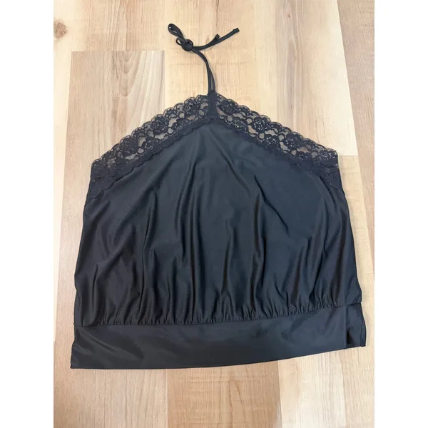 Wild Fable Black Banded Bottom Lace Halter Top Women's Large L V-Neck Tie Back - Image 2