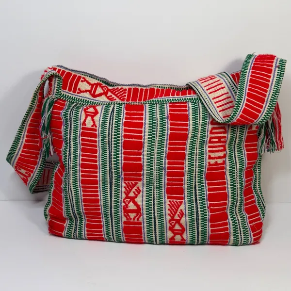 Handwoven Boho‎ Crossbody Bag Red Green Geometric Bird Motif Tassels Festival - Image 2