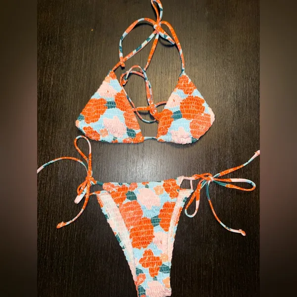 Floral Smocked Tie-Side Bikini Set - Coral & Teal - Image 2