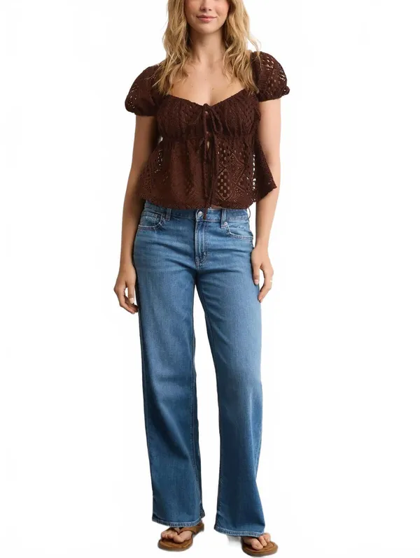 AE Lace Tie-Front Puff Sleeve Tee American Eagle NWT Chocolate Small - Image 5