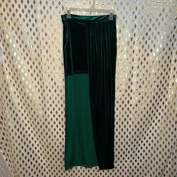 Boho Asymmetrical Velvet High Waisted Bodycon Draped Maxi Skirt Dark Green S - Image 2