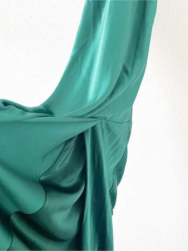 Revelry Amaya Emerald Green Satin Halter Open Back High Slit Formal Gown - Image 5