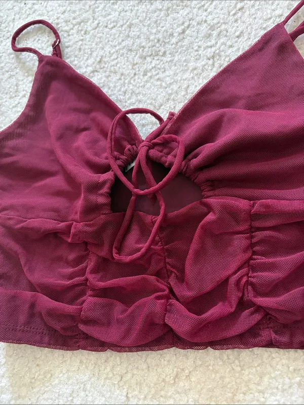 Urban Outfitters Burgundy Mesh Lace-Up Crop Top - Image 3