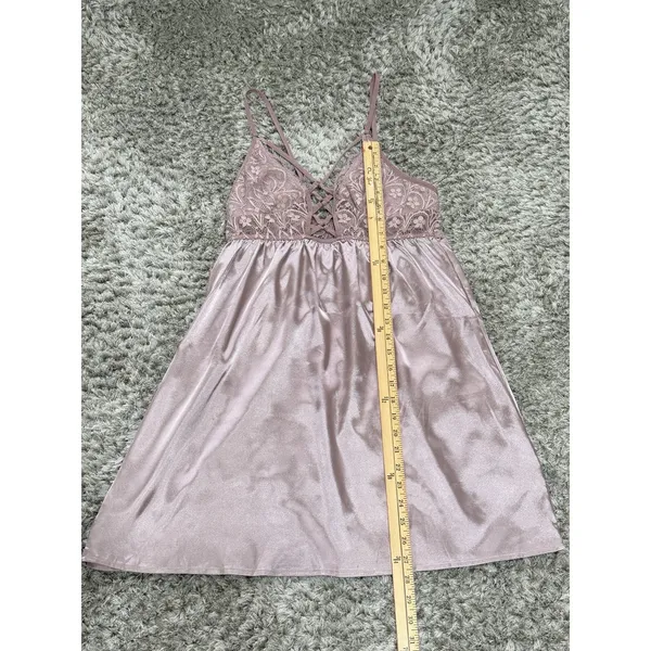Women's Satin Chemise Nightgown Lace Lattice Strappy Slip Dress Mauve Size M - Image 10