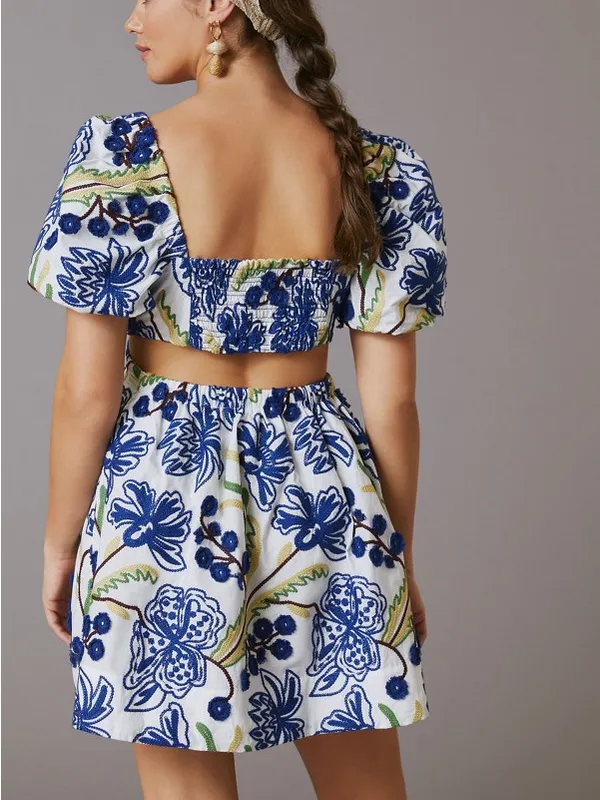 Anthropologie Puff-Sleeve Babydoll Mini Dress Embroidered Floral Medium - Image 4