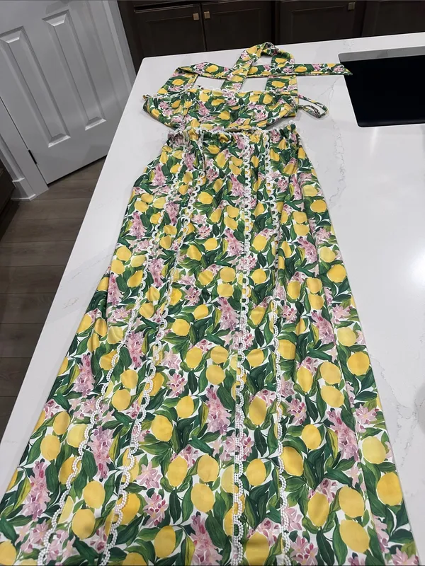 Lemon and floral print Maxi Skirt and tank matching set Lemon Yellow and Green S - Image 2