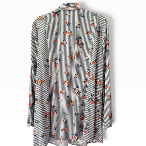 J. Jill Blue Striped Floral Button Front Tunic Top Size Large - Image 2