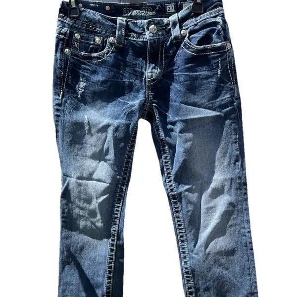 Miss Me Jeans Womens 27 Low Rise Signature Boot Cut Distress Beaded Embroidered - Image 4