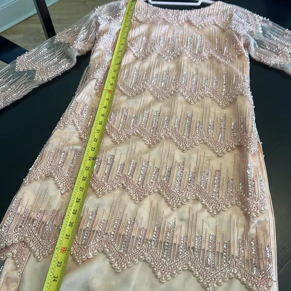 Peach Pink Beaded Sequin‎ High Low Formal Dress Long Sleeve Pearl Detail Gown - Image 6