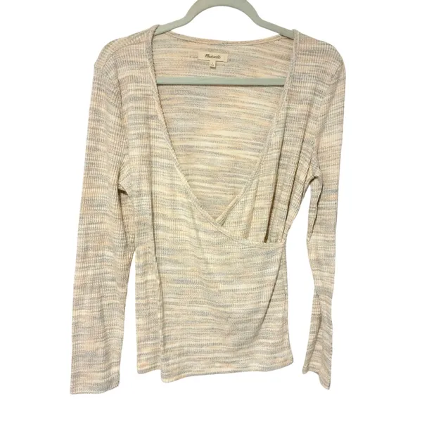 Madewell‎ Size Large Rainbow Space Dye Faux Wrap Long Sleeve Blouse Waffle Knit - Image 3