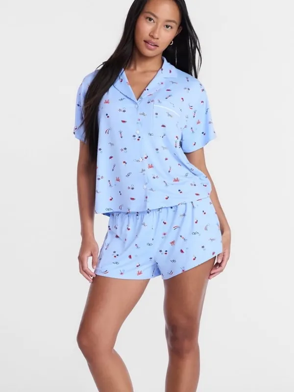 Light Blue American Printed Short-Sleeve Pajama Top and Shorts Set - Image 2