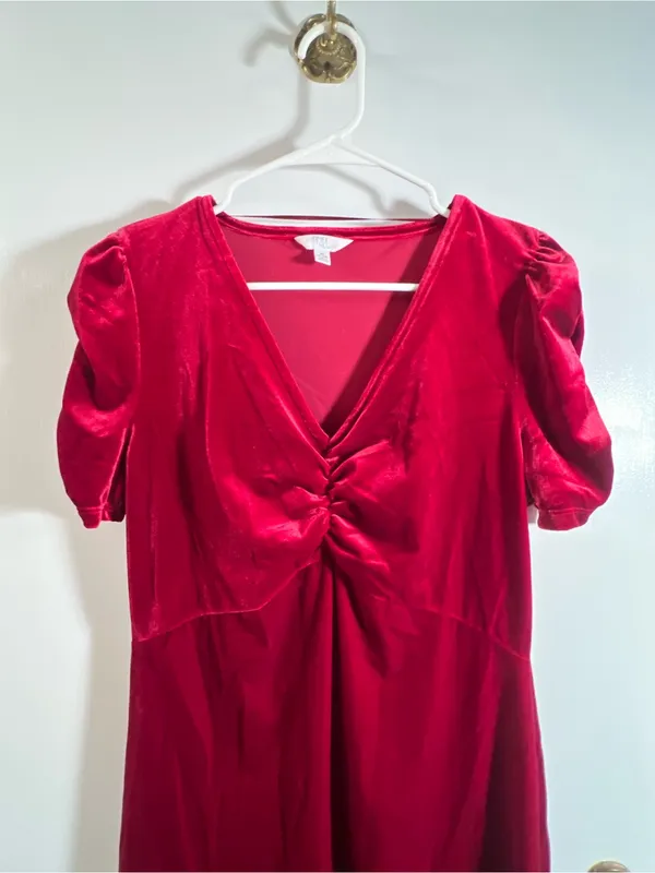 Time and Tru Womens Size Medium 8-10 V-Neck Puff Sleeve Velvet Velour Mini Dress - Image 6
