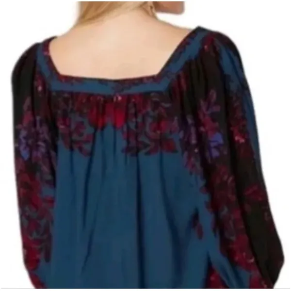 Free People Blouse Blue S Womens Floral Boho Peasant Top - Image 2