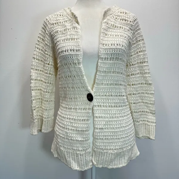 Vintage Y2K GAP Cardigan Sweater Cotton Wool Angora Loose Knit Cream Cottagecore - Image 4
