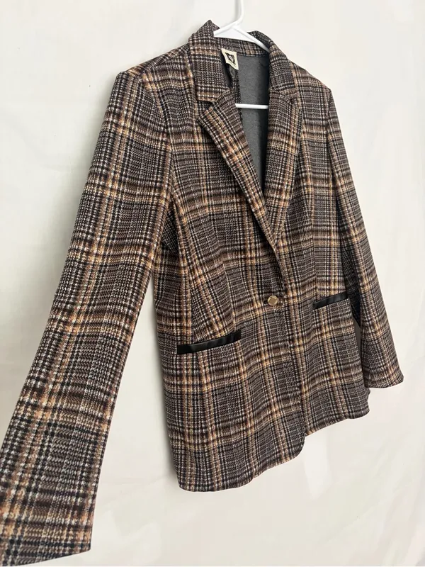 Anne Klein Women Plaid Single Button Knit Blazer Faux Leather Trim Size M(A899) - Image 2