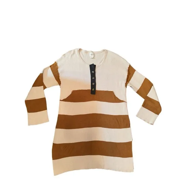 BDG Womens Ivory Brown Tunic Sweater Dress‎ Sz Large Henley Striped Ribbed Knit - Image 7