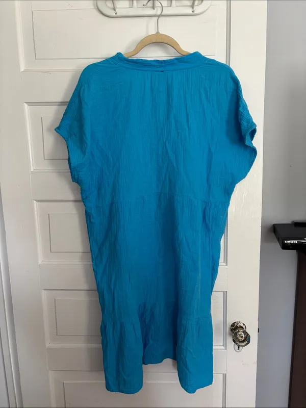 Vibrant Turquoise V-Neck Tunic Gauze Beach Dress - Image 4