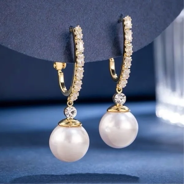White Pearl Dangle Drop Earrings for Women - Image 2
