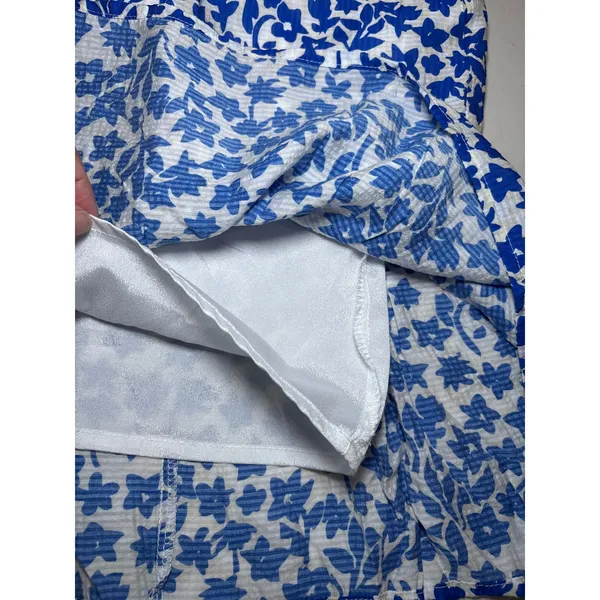 THML Anthropologie XL Blue White Floral Tiered Babydoll Dress Pink Pom Pom Trim - Image 13