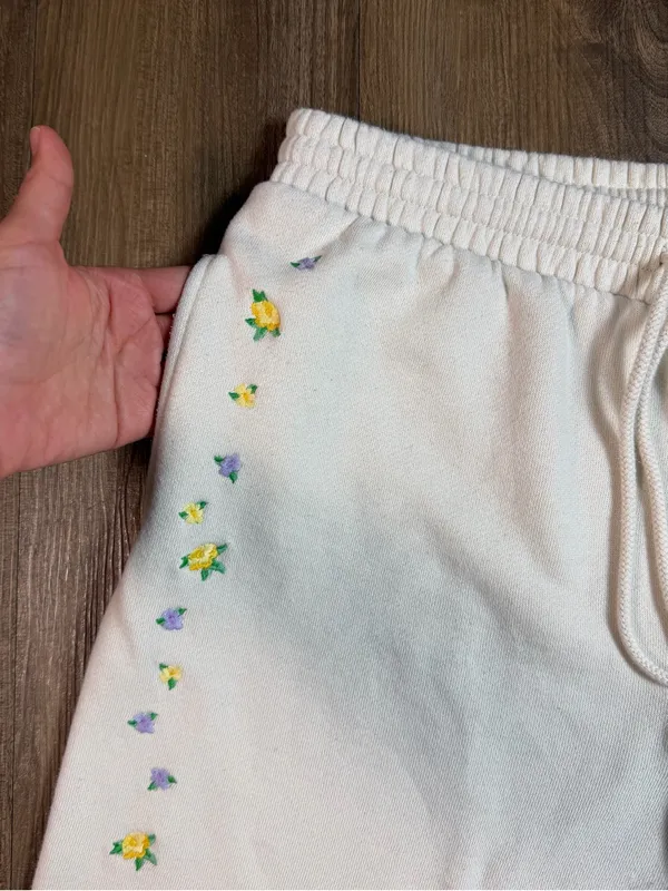 PINK Victoria's Secret Cream Joggers with Yellow Floral Trim - Image 6