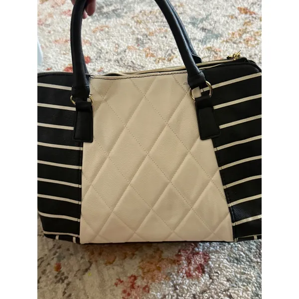 Betsey Johnson Black White Striped Quilted Bow Satchel Bag Pearl Heart Logo - Image 4